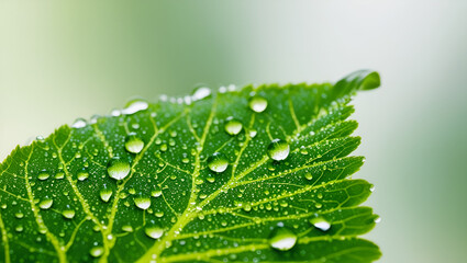 Detailed macro image of fresh green leaf with glistening water droplets, emphasizing purity, growth, and the elegance of the natural world