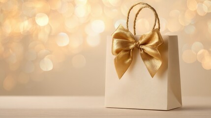 Cream-colored shopping bag with gold ribbon bow, against a backdrop of golden bokeh