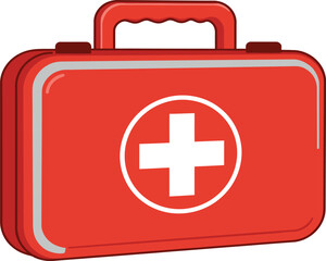 Red first aid kit provides emergency medical supplies, isolated against a clean white background for healthcare applications.