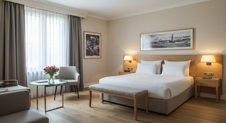 Luxurious Hotel Bedroom with Natural Light and Cozy Ambiance