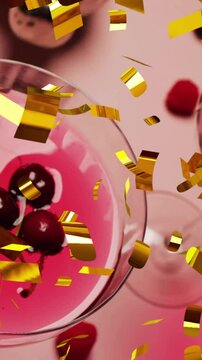 Animation of confetti falling and cocktail on pink background