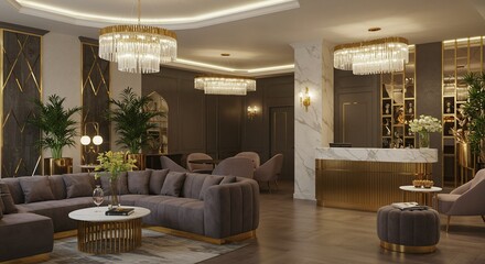Luxurious Hotel Lobby Interior with Crystal Chandeliers, Marble, and Modern Furniture