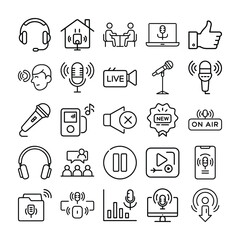 Collection of outline icons related to podcasting and audio recording