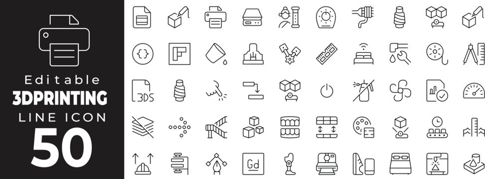 Editable stroke icon collection representing 3D printing technology and equipment. Includes 3D printer, filament spool, printed object, CAD model, nozzle, printer bed, settings gear,