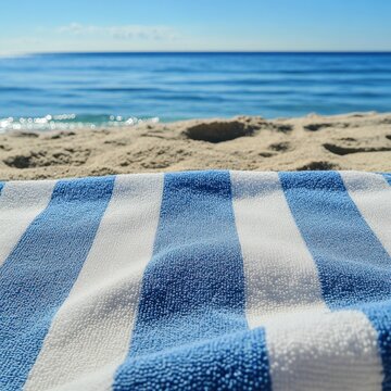 Beach Towel on Sandy Beach with Blue Water
