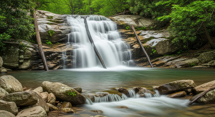 Fototapeta premium Serene Forest Waterfall Cascading Over Rocks