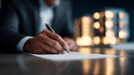 Businessman signing a real estate investment deal under corporate lighting
