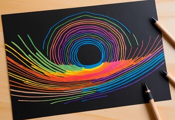 DIY scratch art created with black-coated paper and wooden stylus,