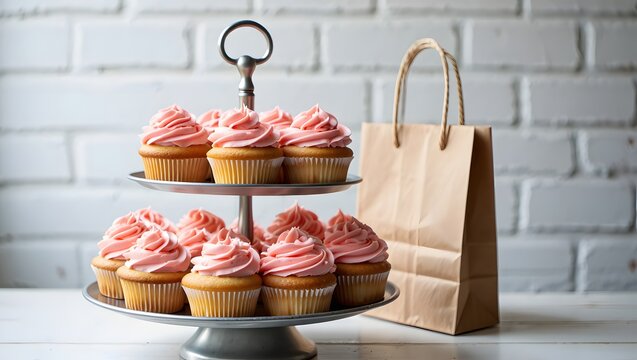Delicious cupcakes with pink frosting on a tier stand with a bag dessert bakery sweets treat - Powered by Adobe