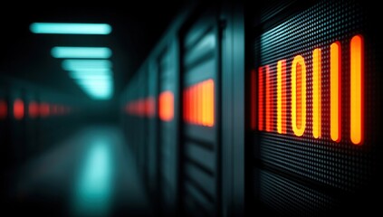 Server Room Data Center with Binary Code and Servers