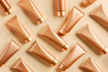Foundation tubes and cosmetic bottles arranged in seamless pattern