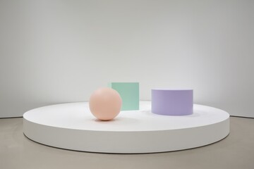 Pastel geometric forms on a white platform