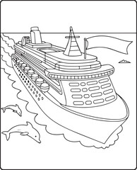 Beautiful cruise ship on sea water in natural sky scenery black vector line art illustration for children coloring page or book design