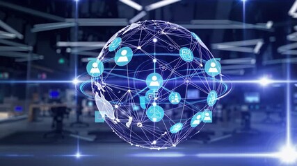 Glowing Holographic Ball on Futuristic Digital Interface with Interconnected Icons Representing Technology, Innovation and Global Connectivity. Modern Workspace Background - Powered by Adobe