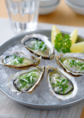 Fresh oysters on ice with lemon and parsley garnish in a grey plate