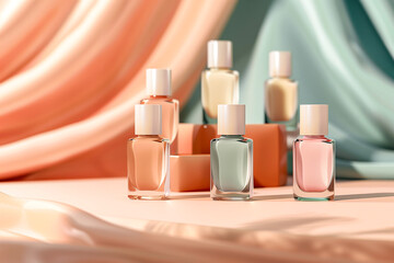 Nail polish bottles in pastel colors on soft fabric background