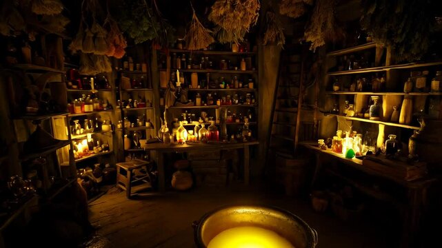 Magical witch room with glowing cauldron and shelves full of potion bottles and herbs in warm candlelight - fantasy theme and dark tones - sorcery and Halloween