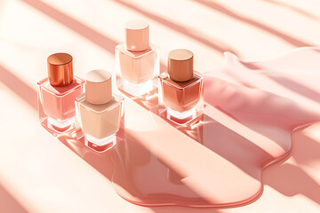 Nail polish bottles in pastel colors on soft fabric background
