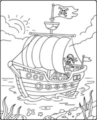 Beautiful ship on sea water in natural sky scenery black vector line art illustration for children coloring page or book design