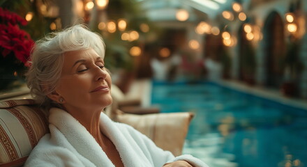 A mature senior woman enjoys a relaxing spa treatment, selfcare, vacation