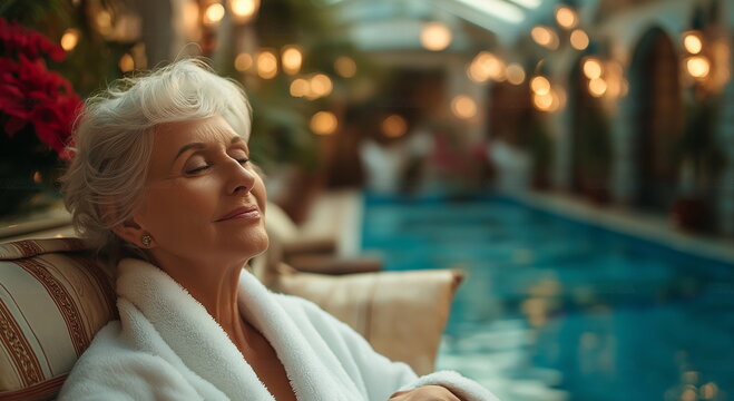 A mature senior woman enjoys a relaxing spa treatment, selfcare, vacation