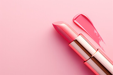 Pink lipstick with golden case and texture stroke on pastel background