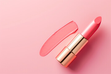 Pink lipstick with golden case and texture stroke on pastel background