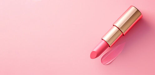 Pink lipstick with golden case and texture stroke on pastel background