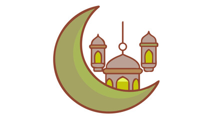 Crescent Moon, Mosque, and Lanterns Islamic Vector Illustration