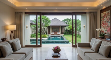 Luxurious Villa Living Room with Private Pool View