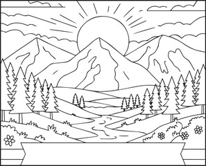 Mountain landscape with sunset scenery black line art vector illustration for coloring page or book design for children