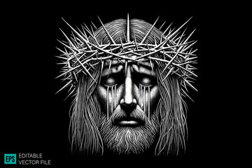 jesus head scary creepy style tattoo dark art illustration vector black and white background templates