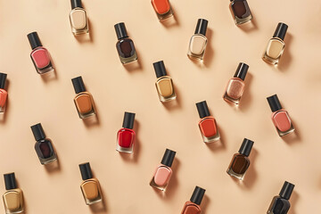 Colorful nail polish bottles arranged diagonally on a pastel background