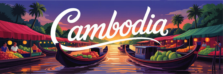 Cambodia Floating Market at Sunset &ndash; Vibrant River Boats, Tropical Fruits, and Local Vendors, Colorful Travel Illustration