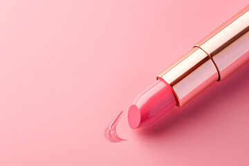 Pink lipstick with golden case and texture stroke on pastel background
