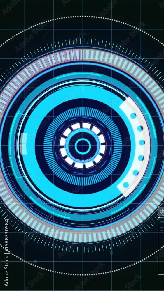 Poster animation of rotating circular scanner over data processing on black background