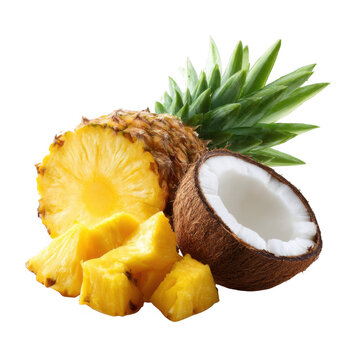 Fresh pineapple slices chunks and half coconut isolated on transparent background