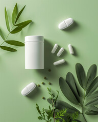 Minimalist flatlay supplement jar with softgel capsules and green leaves on beige background