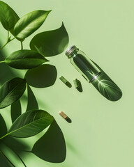 Minimalist flatlay supplement jar with softgel capsules and green leaves on beige background