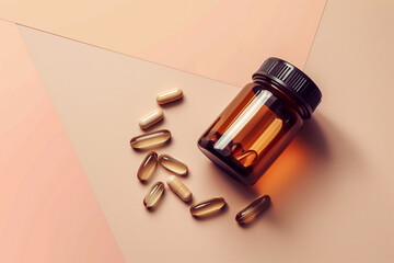 Minimalist flatlay supplement jar with softgel capsules and green leaves on beige background