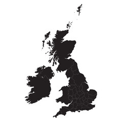 black silhouette map of united kingdom with county borders isolated on white background, detailed vector outline