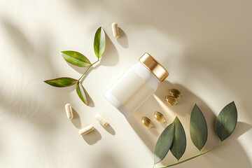 Minimalist flatlay supplement jar with softgel capsules and green leaves on beige background
