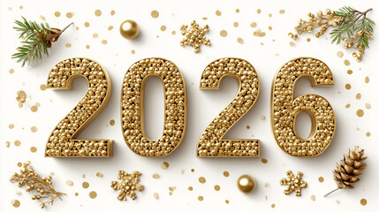 Gold textured 2026 new year greeting with festive decorations on white background