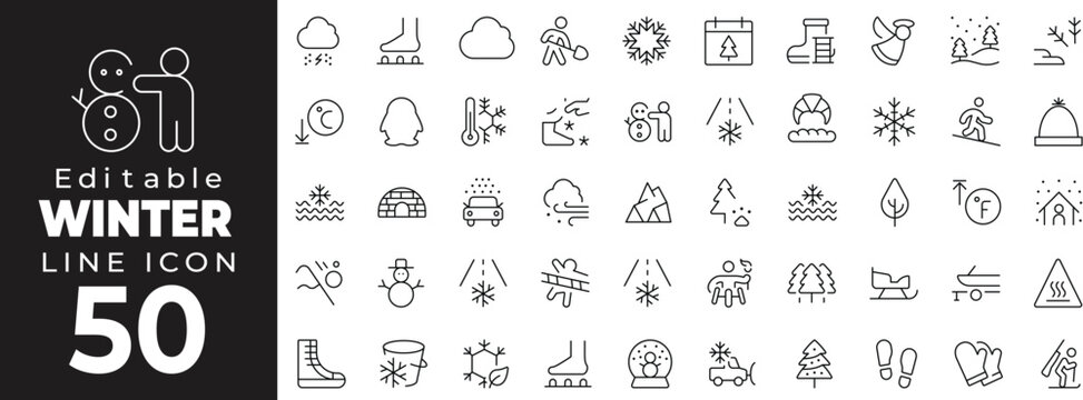 Editable stroke icon collection featuring winter and cold-weather symbols. Includes snowflake, snowman, mittens, scarf, ice skate, hot drink, frost, fireplace, and winter hat. Perfect for seasonal