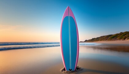 a pink and blue surfboard stands upright in sand useful for beach summer or surfing related websites and blogs