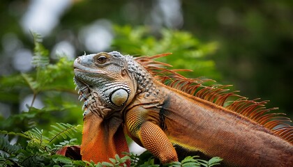 Obraz premium portrait of orange iguana sitting amongst dense green foliage in its habitat close up