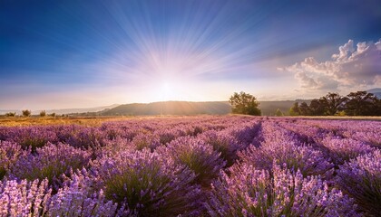 Fototapeta premium lavender field with sun rays shining through the flowers creating a beautiful landscape