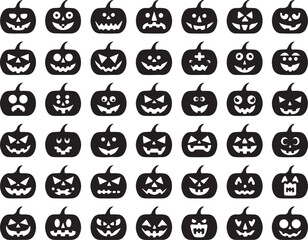 Set of Halloween Pumpkin Faces in Black Silhouette Style