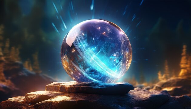 glowing crystal gemstone orb hovers on rock base with light trails