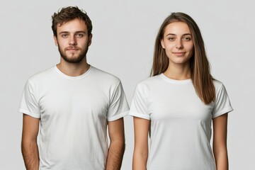 A male and female model side by side wearing plain white T-shirts